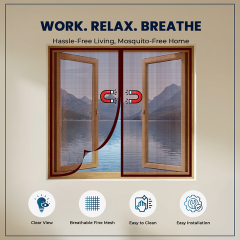 Brown polyester magnetic mosquito net for windows with automatic center closure