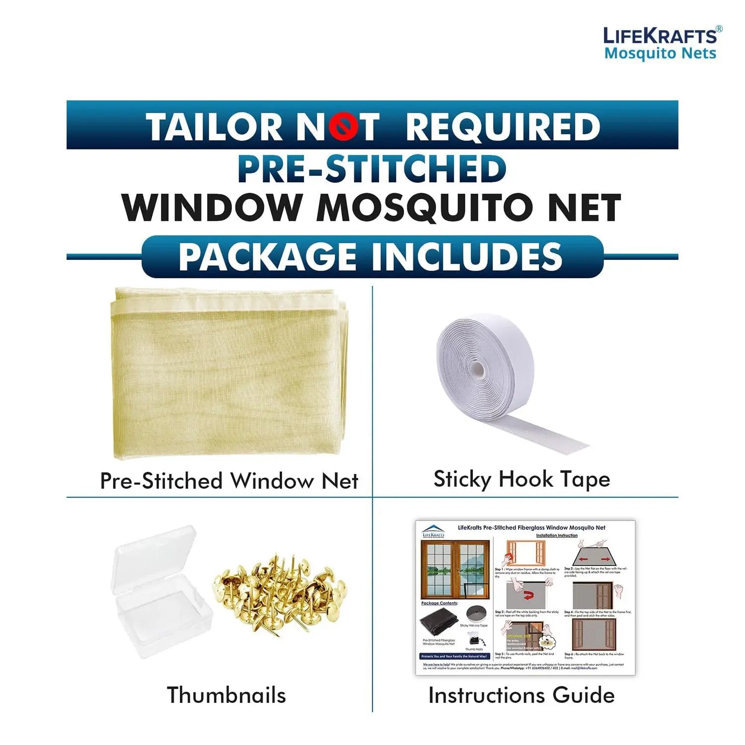 Fiberglass Stitched Window Mosquito Net Curtain, Pre-Stitched to Net - Beige LifeKrafts