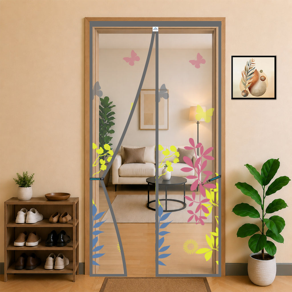 Standard Magnetic Mosquito Net For Door - Polyester - Grey Floral Design