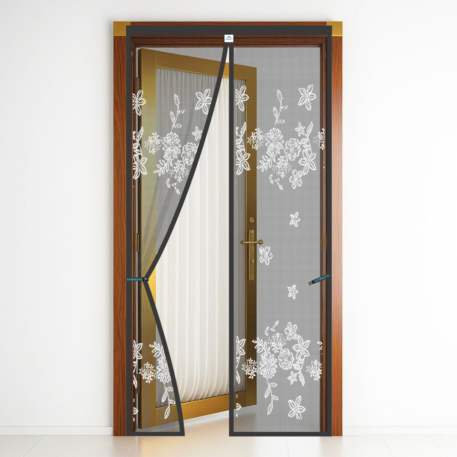 Polyester Printed  Magnetic Door Mosquito Net – Floral Jacquard Grey Design