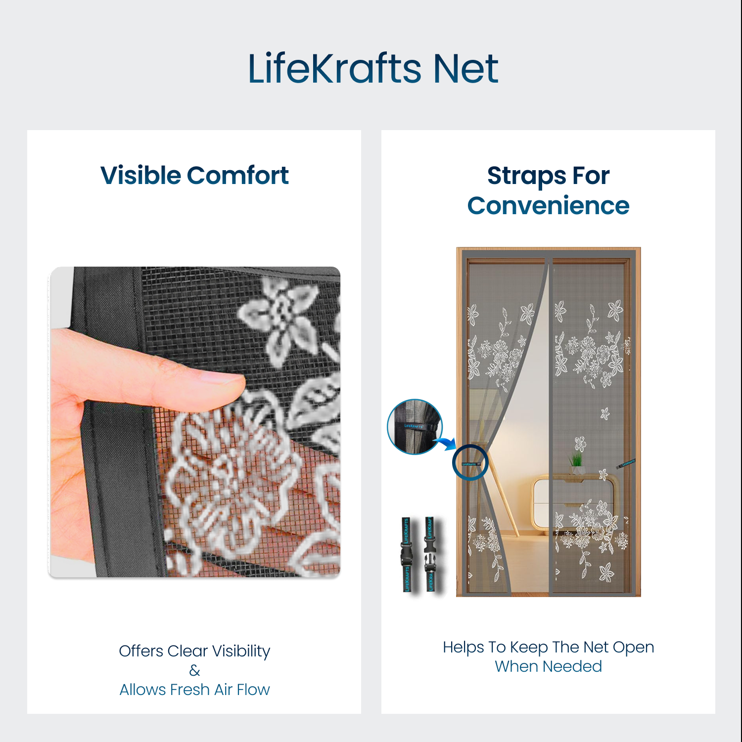 Polyester Printed  Magnetic Door Mosquito Net – Floral Jacquard Grey Design