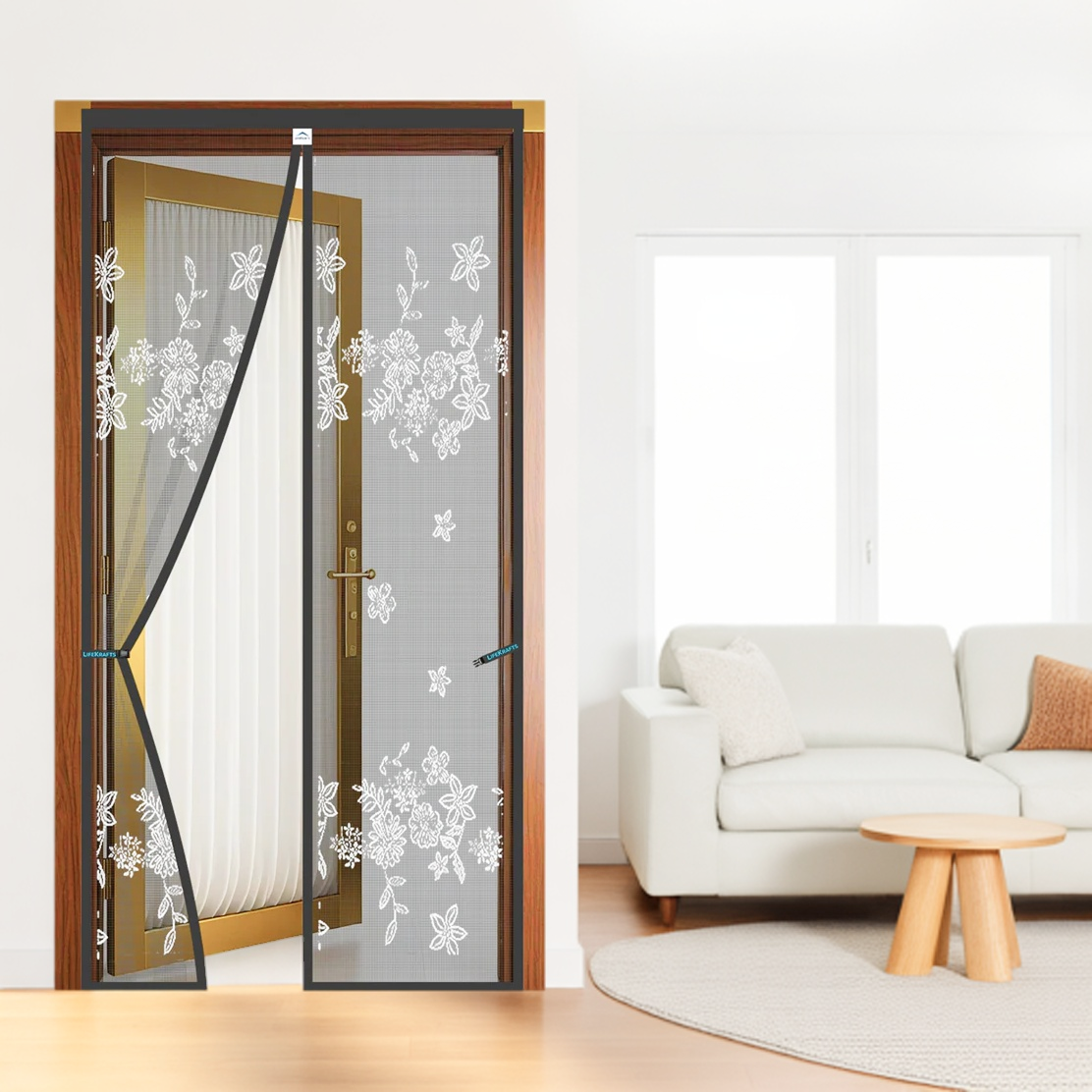 Polyester Printed  Magnetic Door Mosquito Net – Floral Jacquard Grey Design