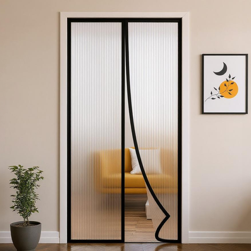 Clear Ribbed Magnetic Thermal Curtain For AC Room- Black (Standard Sizes)