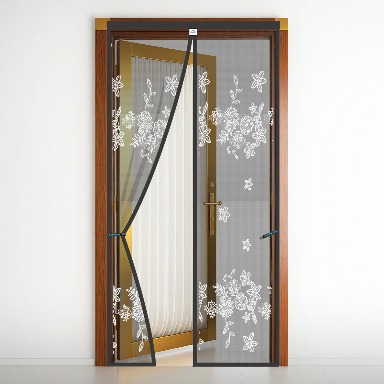 Polyester Printed  Magnetic Door Mosquito Net – Floral Jacquard Grey Design