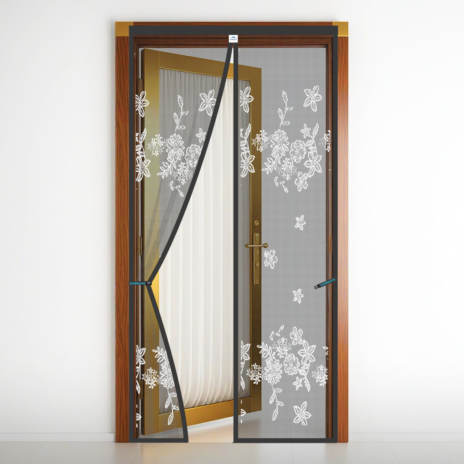 Polyester Printed  Magnetic Door Mosquito Net – Floral Jacquard Grey Design