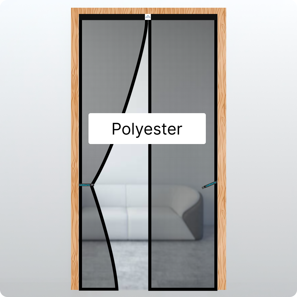 Door with a screen featuring the word 'Polyester' on a white background