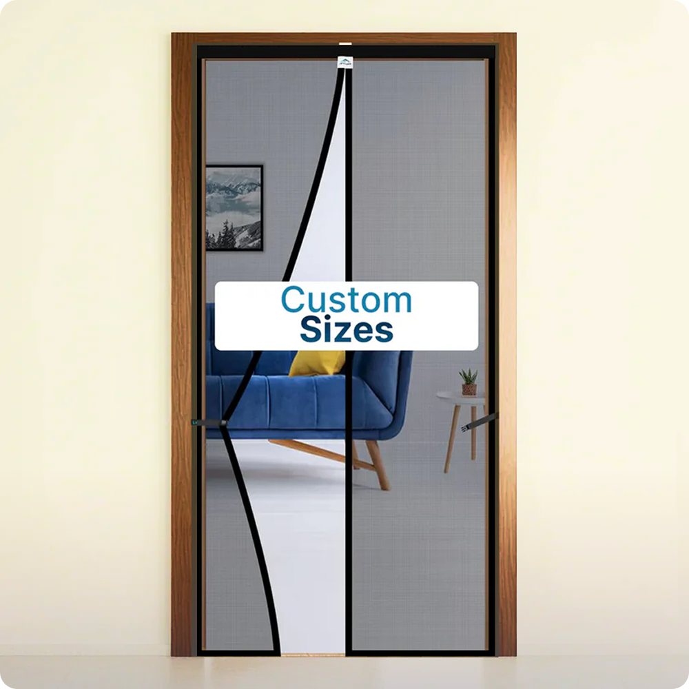 Door with a magnetic screen featuring a living room view and 'Custom Sizes' text.