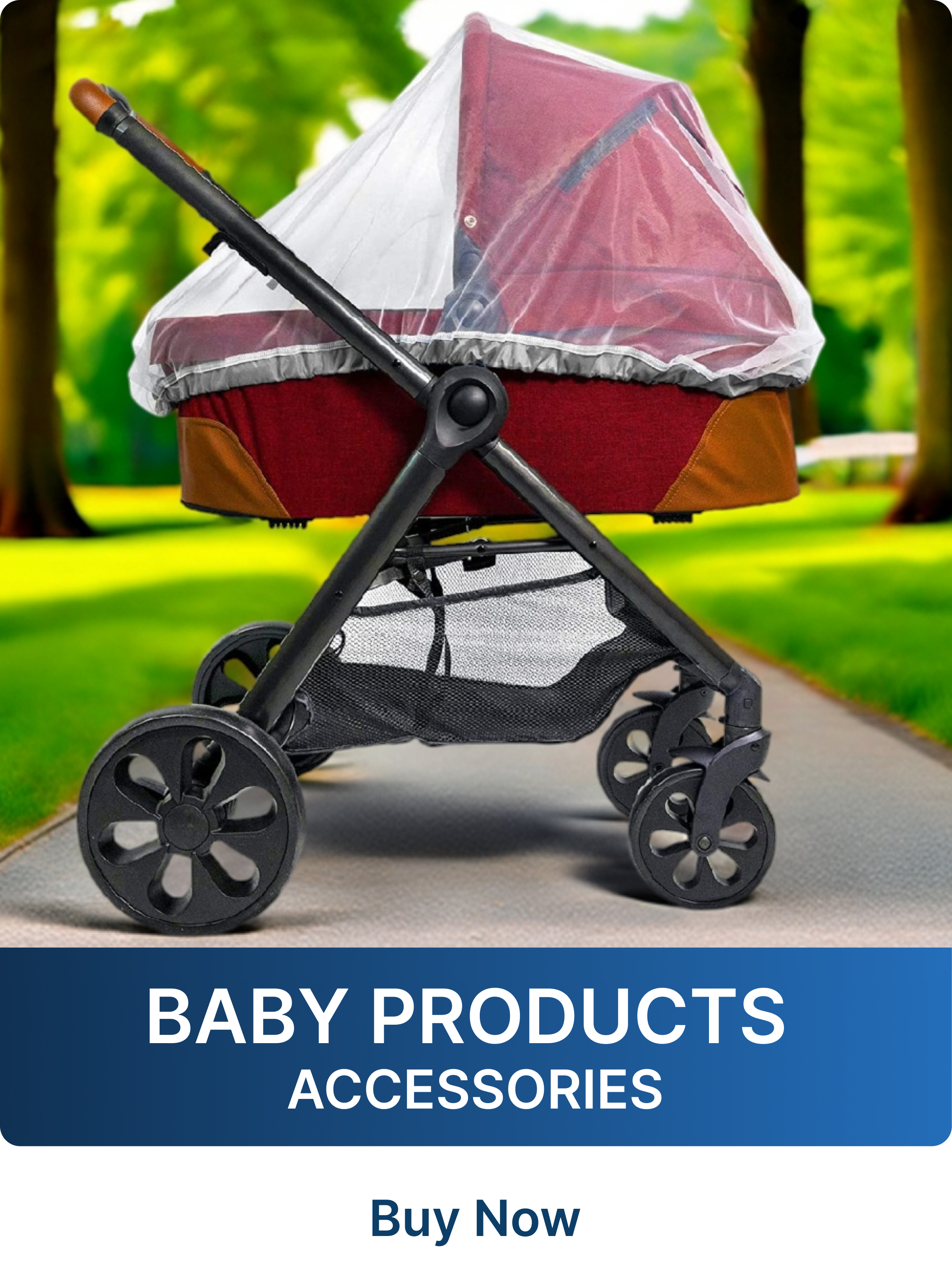 Baby stroller with canopy on a path in a park, labeled 'Baby Products Accessories'.