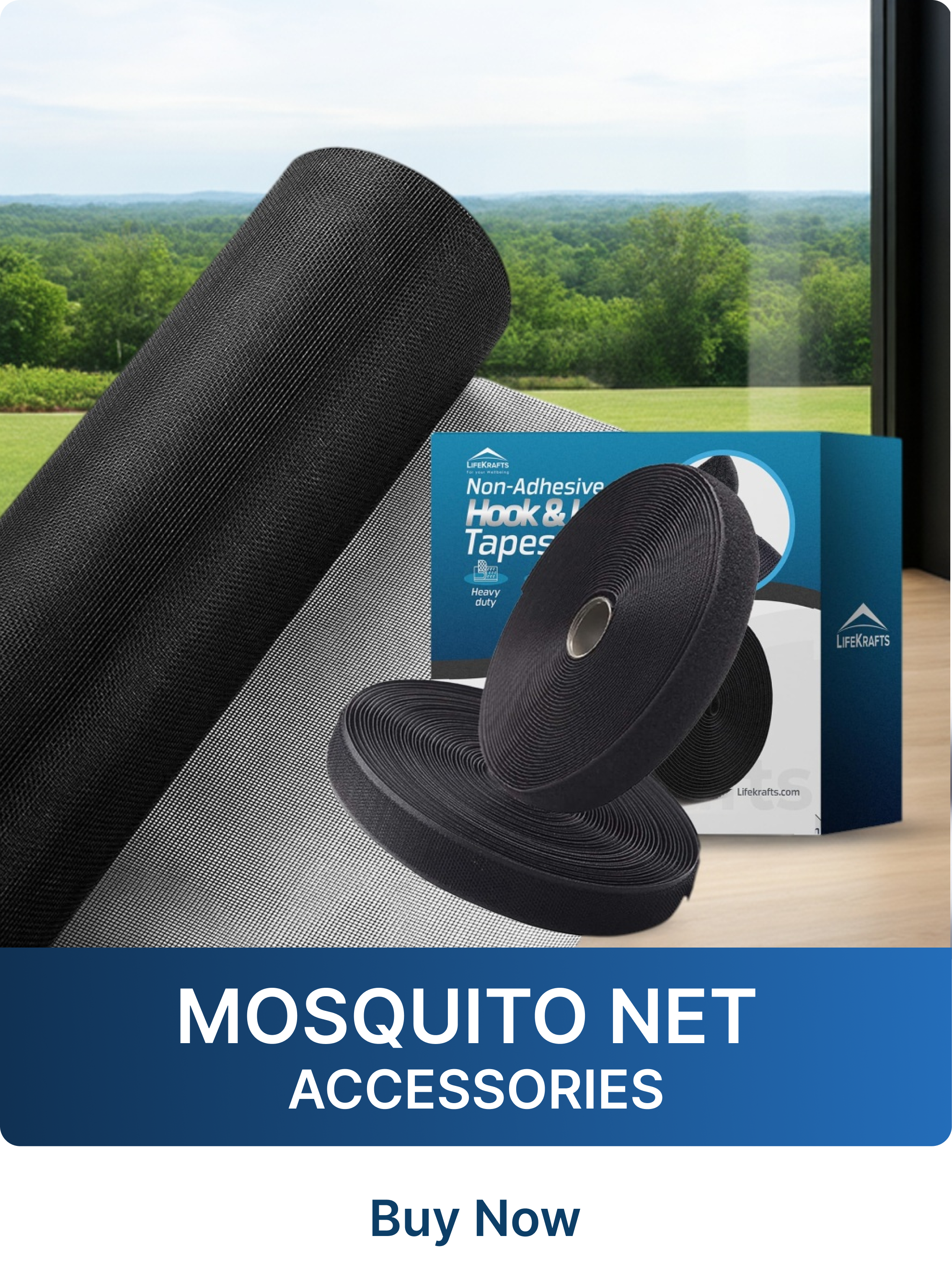 Mosquito net accessories including a roll of black mesh and a box of non-adhesive hook and tapes on a scenic background.