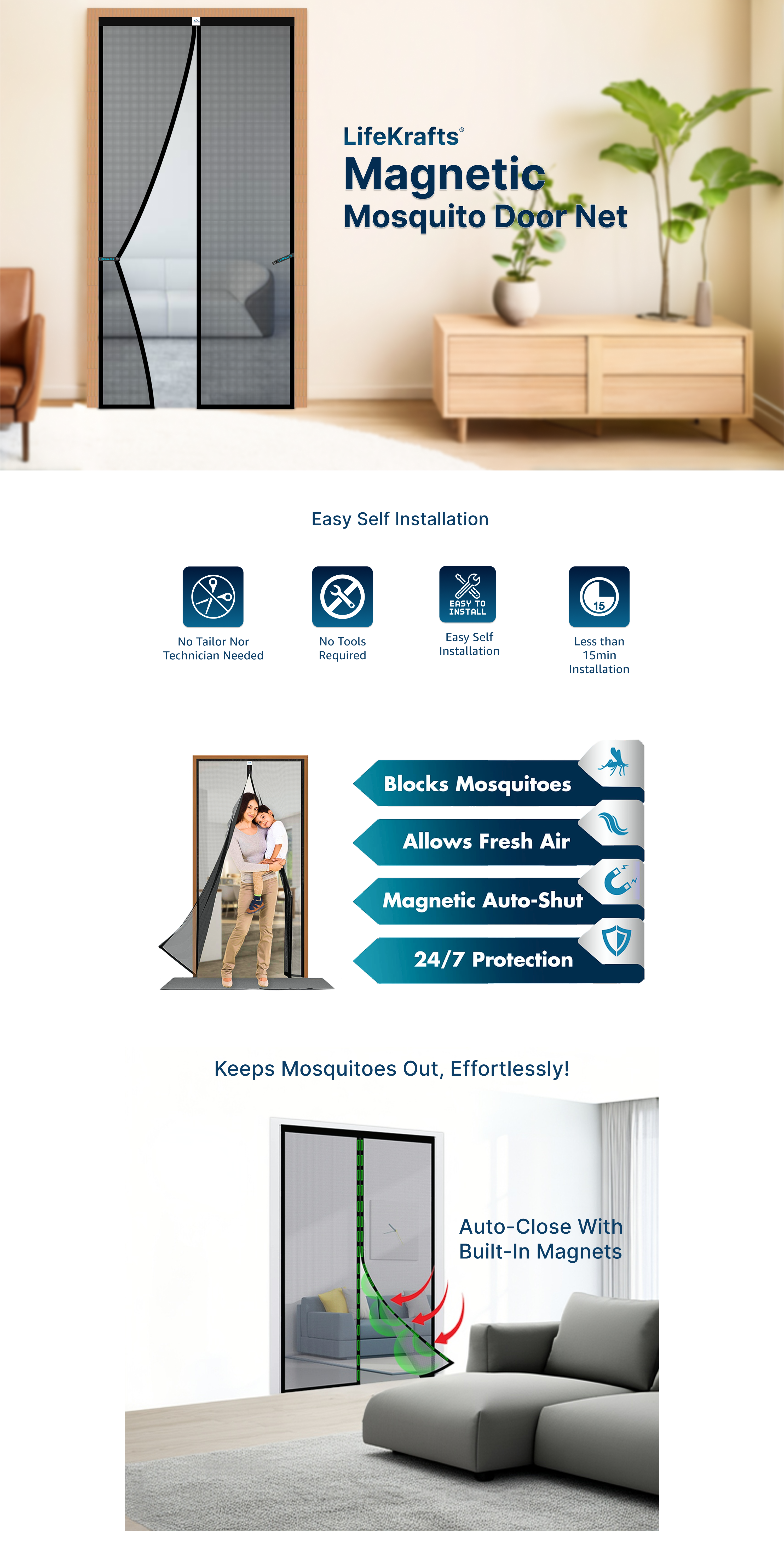LifeKitchen Magnetic Mosquito Door Net advertisement with features and usage scenarios.