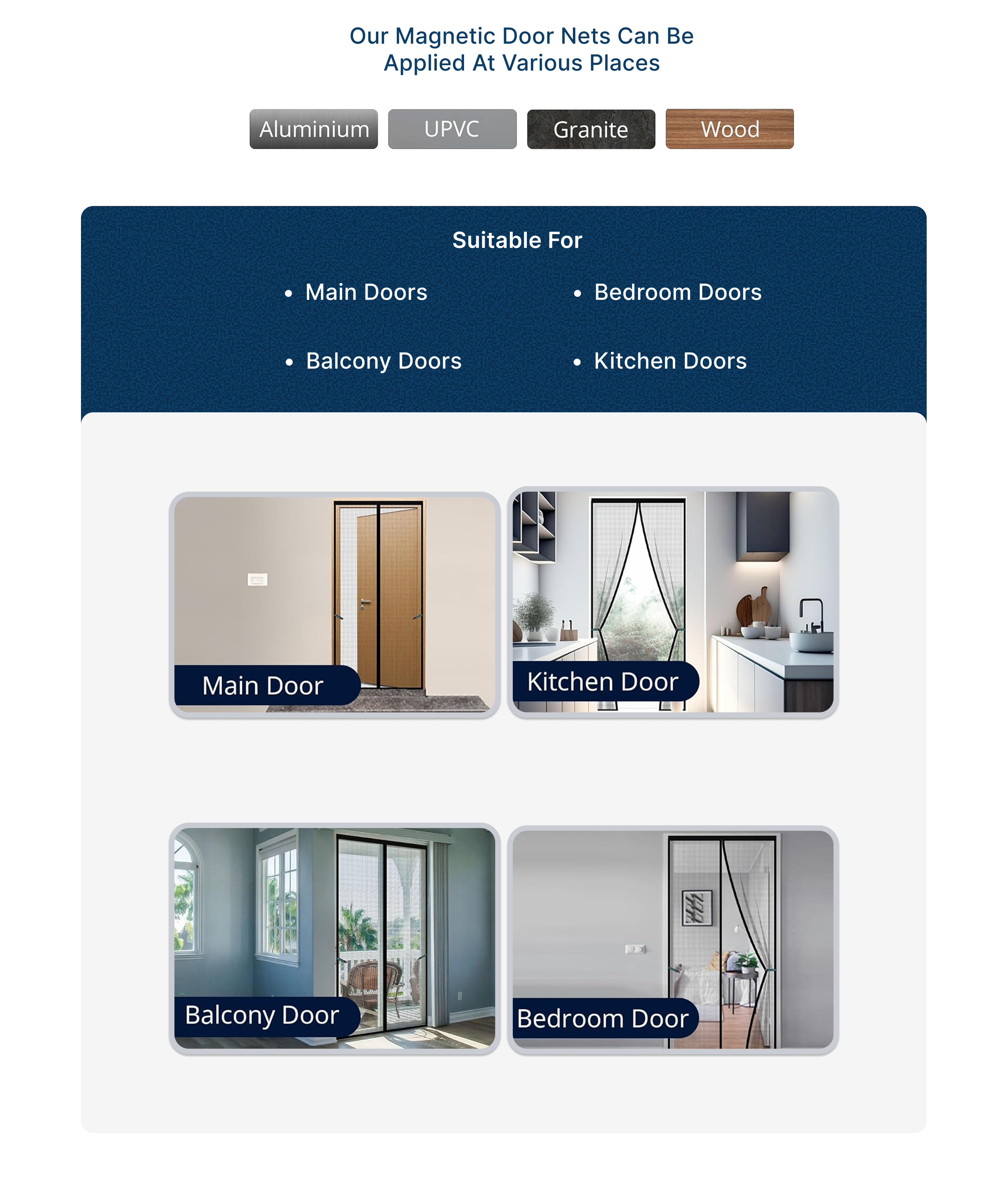 Advertisement for magnetic door nets with images of doors and text about suitability.