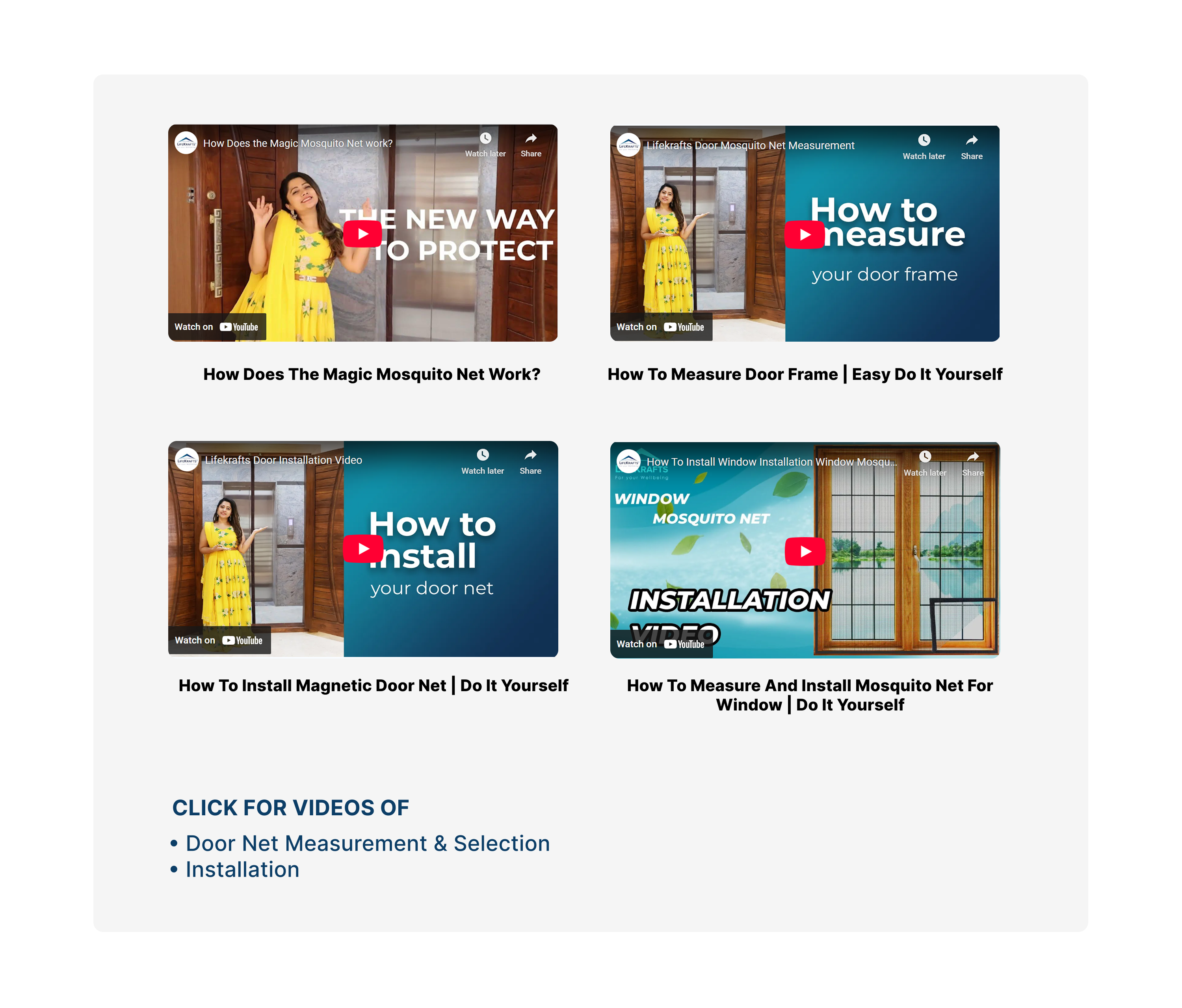 Set of video tutorial thumbnails on installing and measuring a magnetic door net.
