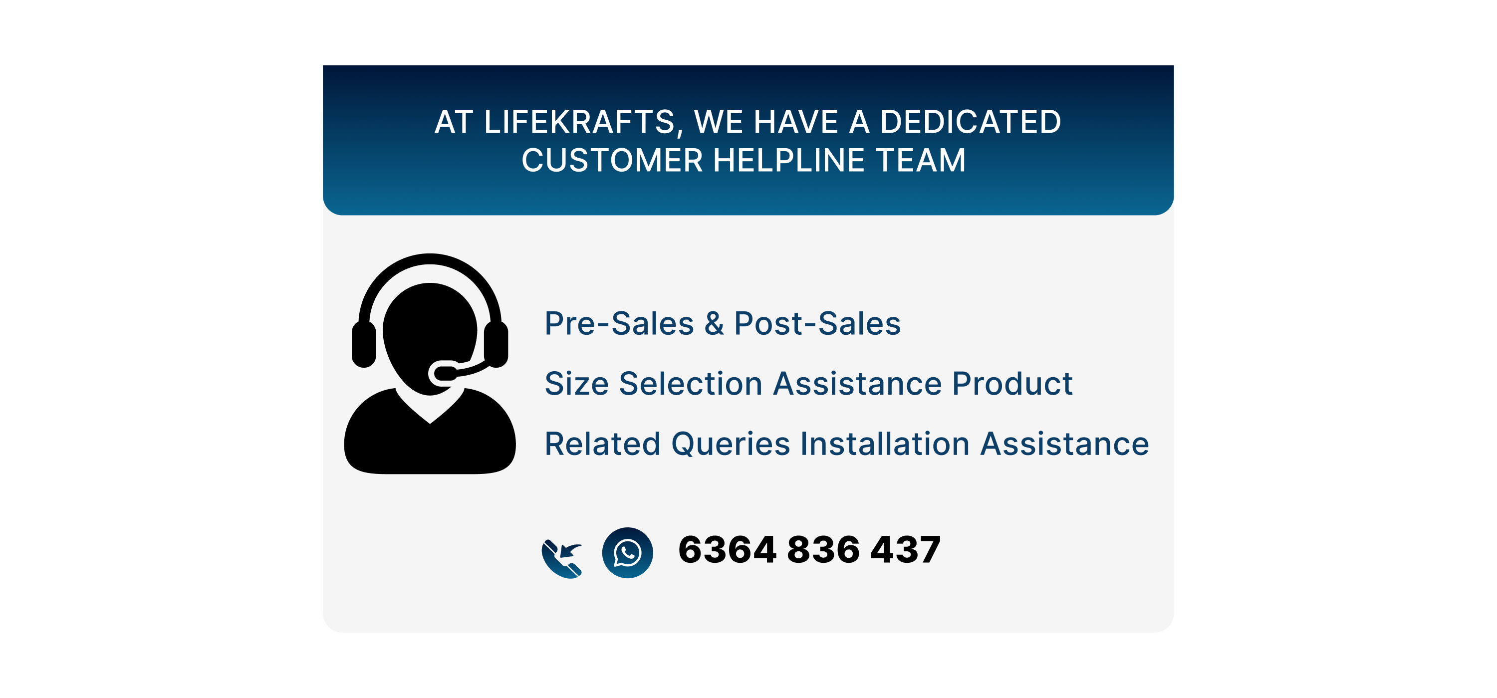 Lifekrafts customer helpline information with a headset icon and contact details.