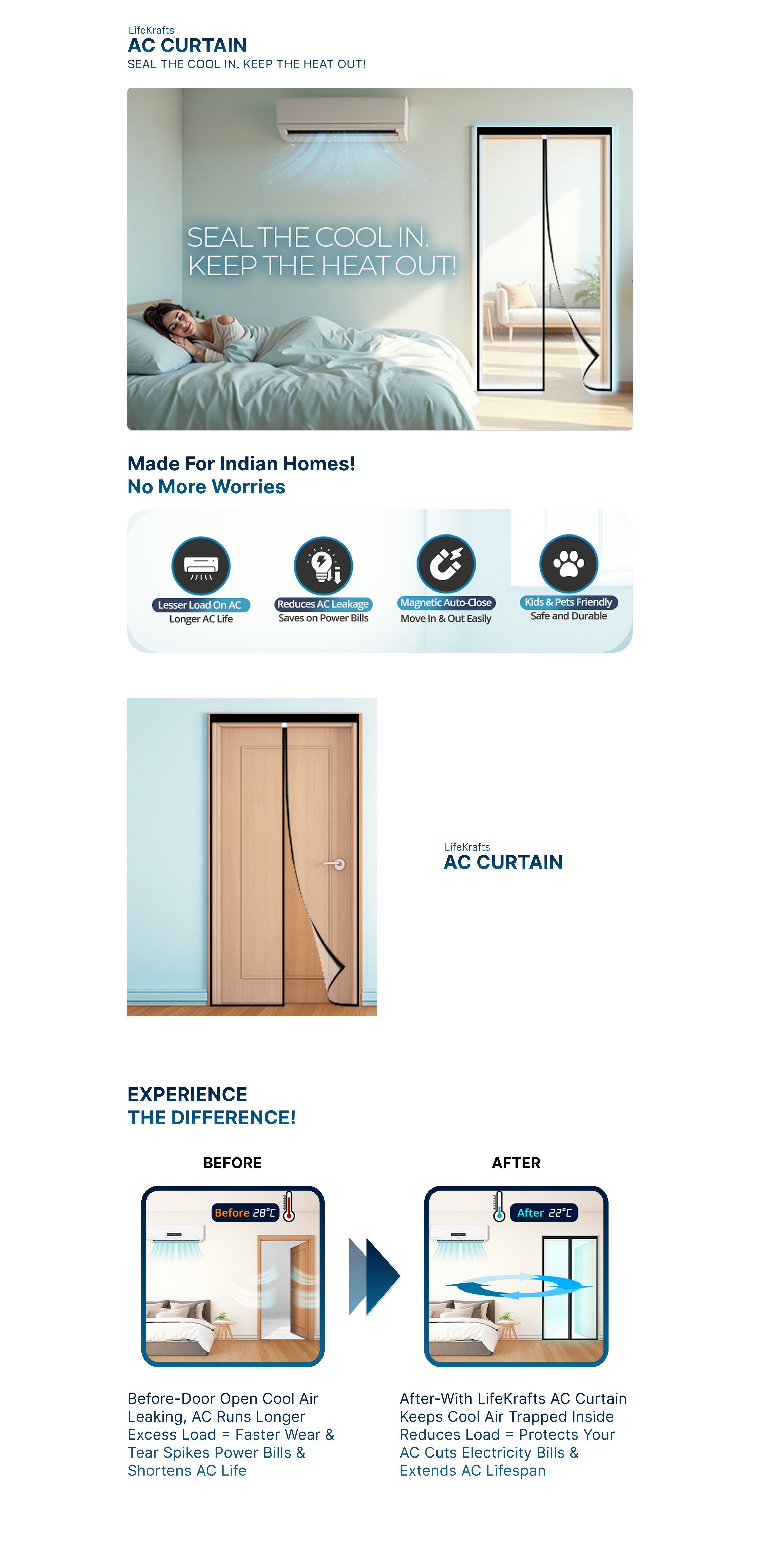 Advertisement for an AC curtain with features and benefits highlighted.