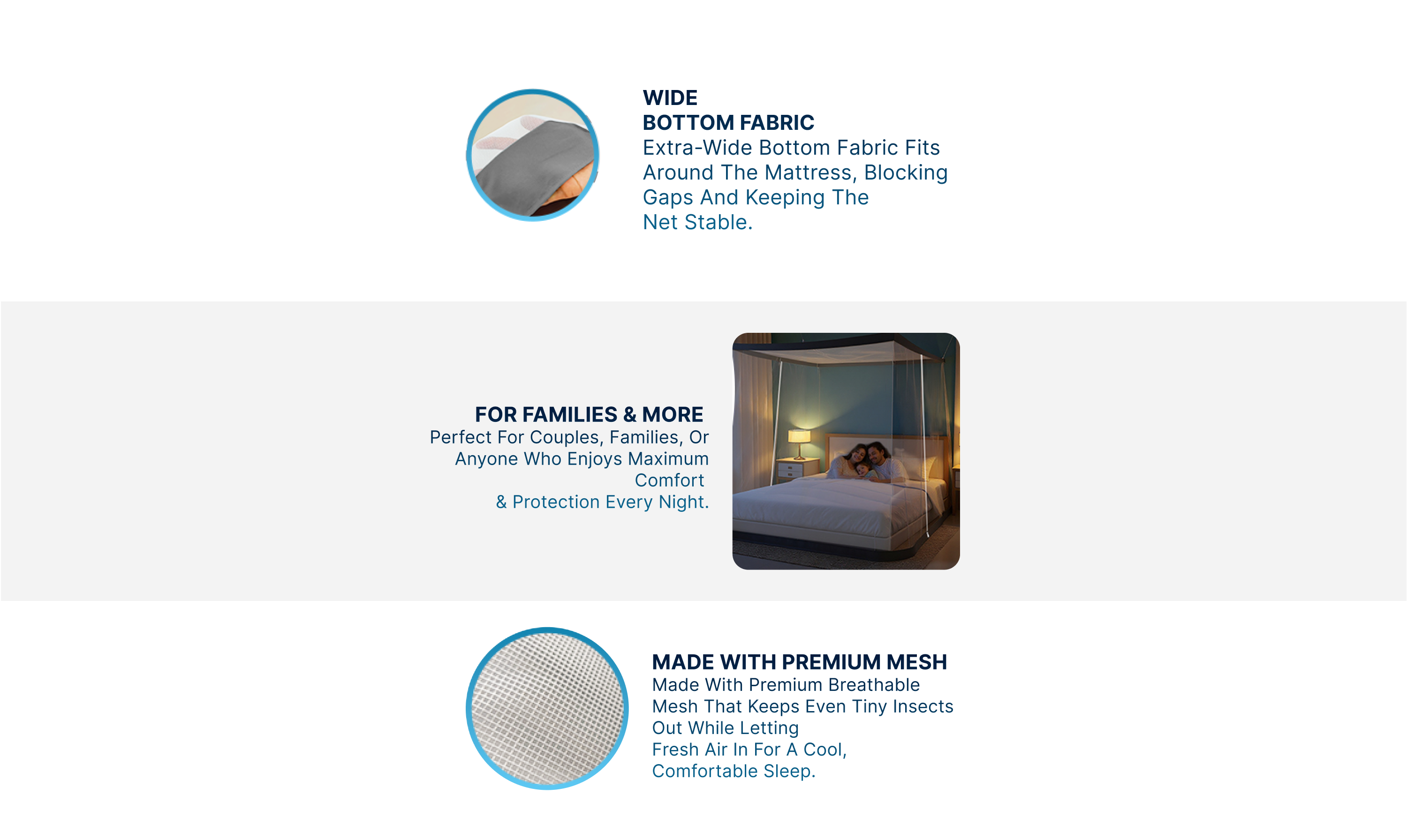 Bed with a mosquito net and text describing its features on a white background