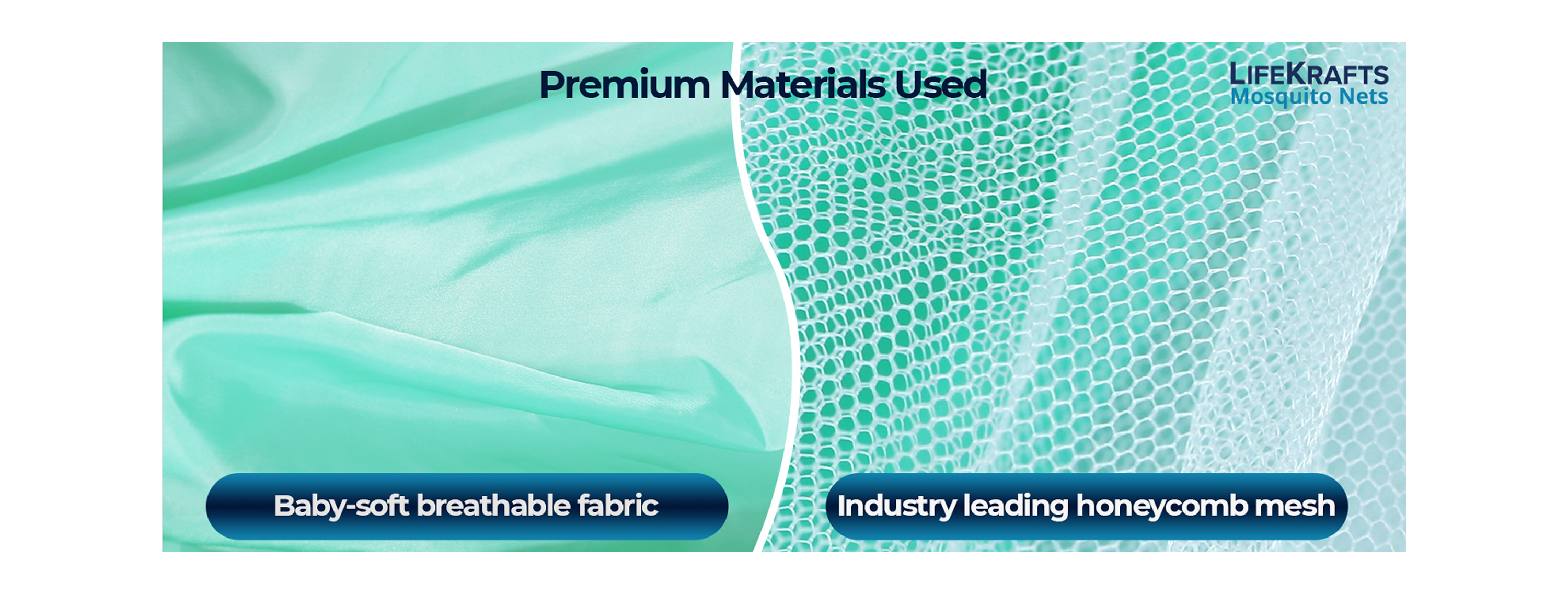 Advertisement for LifeKrafts mosquito nets highlighting premium materials used.