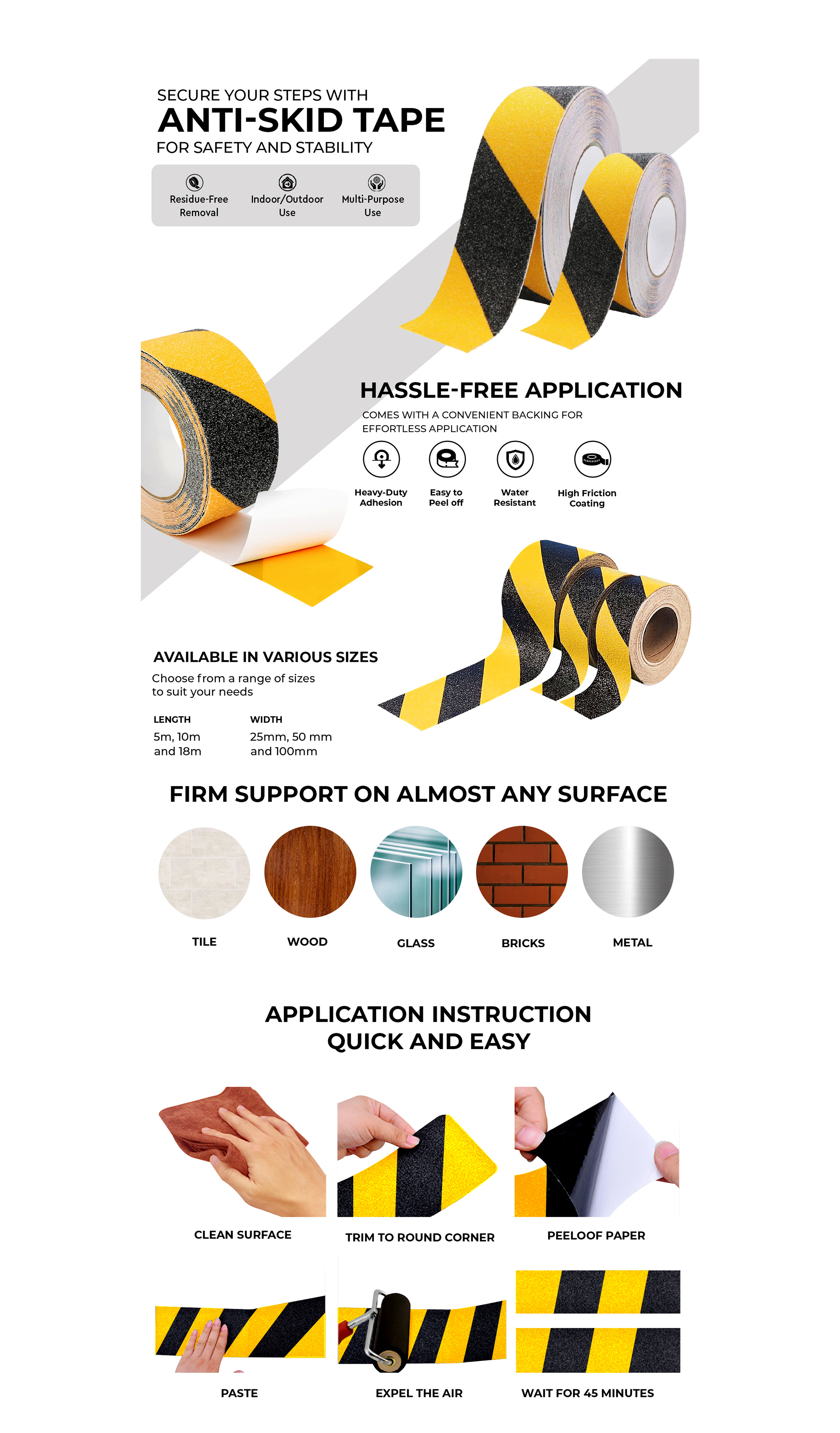 Anti-skid tape with application instructions and compatibility on various surfaces.
