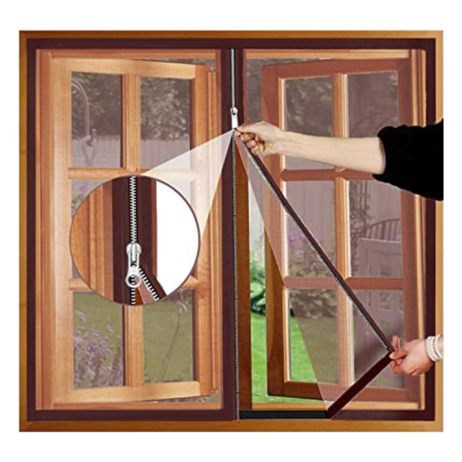 Premium Edition Window Mosquito Net Curtain with Zipper, Fiberglass Net - Brown