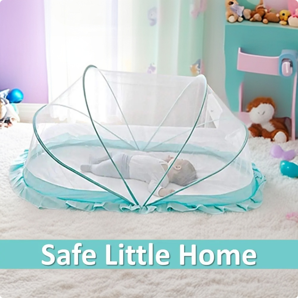 LifeKrafts Ocean Green baby mosquito net covering a sleeping baby on a bed