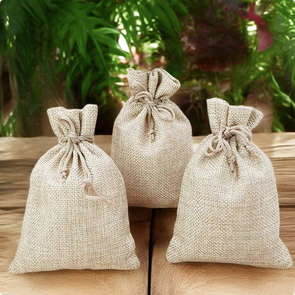 Reusable brown jute linen drawstring bags for gifting and event return favours