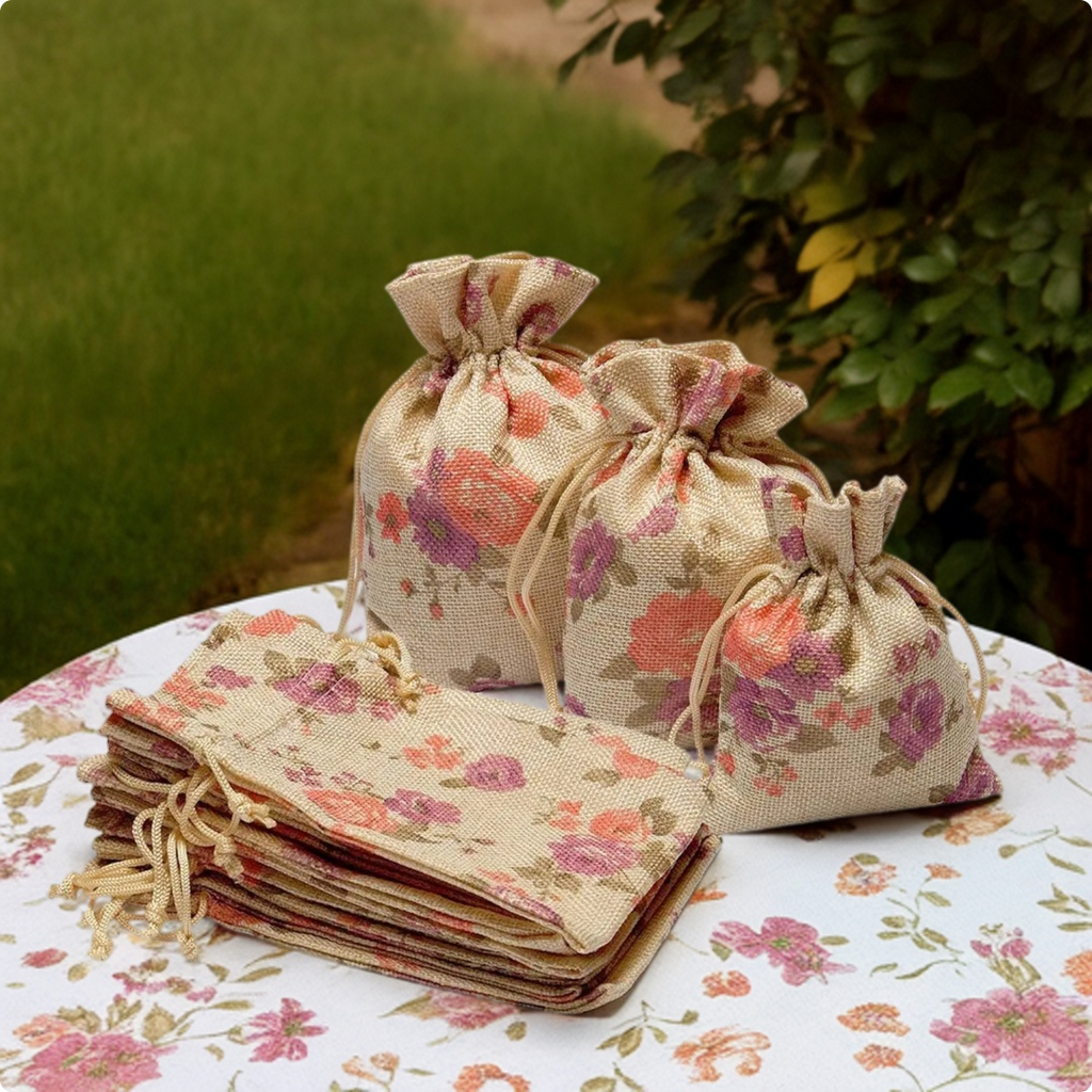 Purple floral jute linen pouches for return gifts, functions and event favours