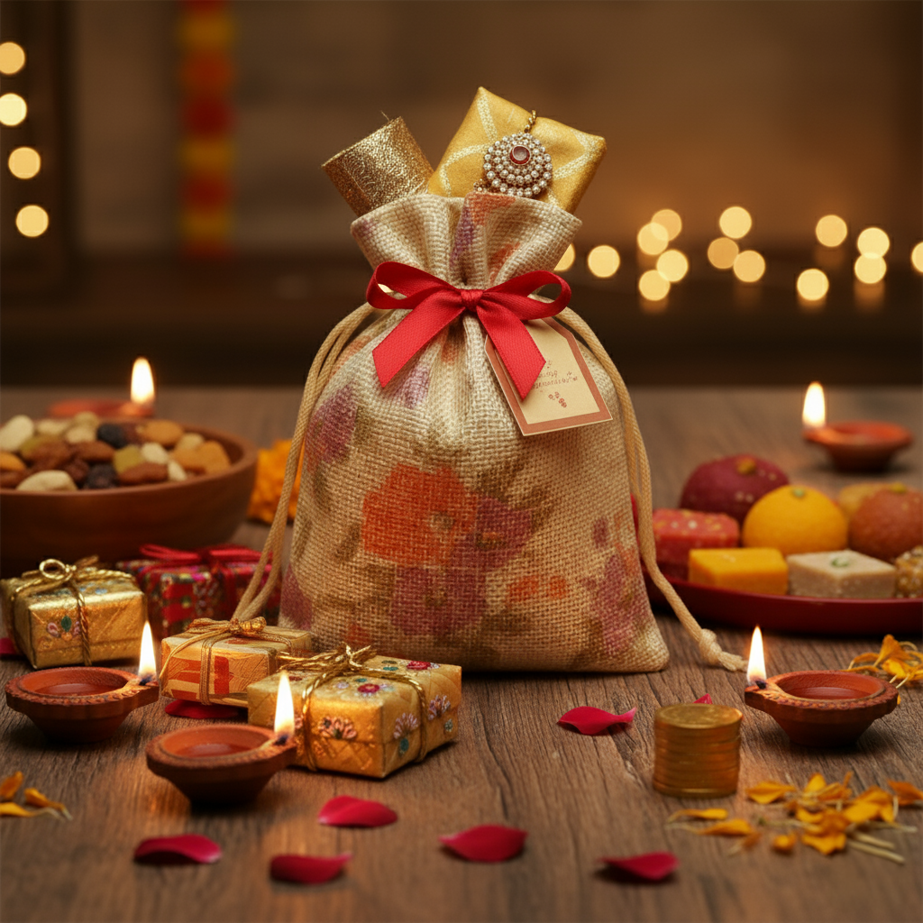 LifeKrafts Linen Jute Pouches | Purple Floral | Adjustable Drawstring Bags for Weddings, Return Gifts, Parties, Jewellery, Storage, Crafts, Favors, Hampers LifeKrafts