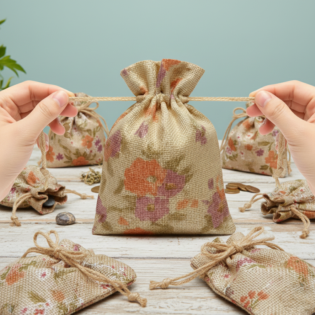 Purple floral jute drawstring pouch for decorative gift packaging and return gifts