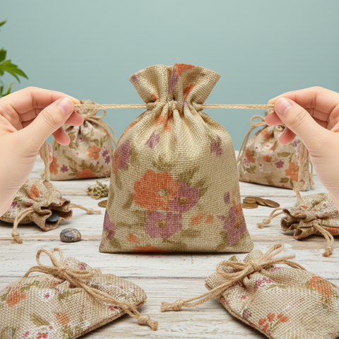 Purple floral jute linen pouch with adjustable drawstring closure for gifting and storage