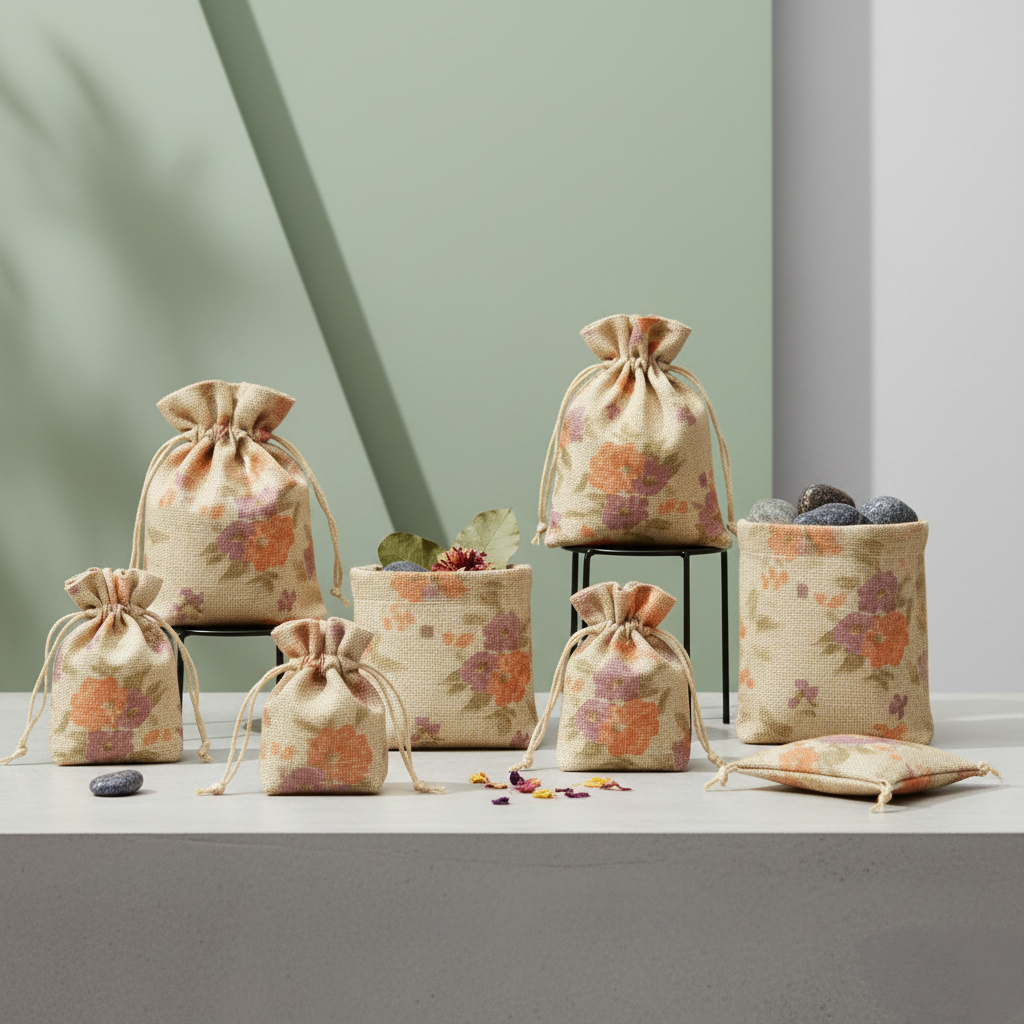 Decorative purple floral jute pouch for packing small gifts and accessories