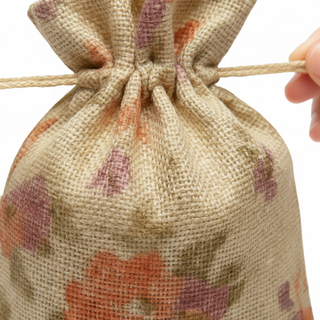 Purple floral drawstring jute bag for reusable gifting and small item storage