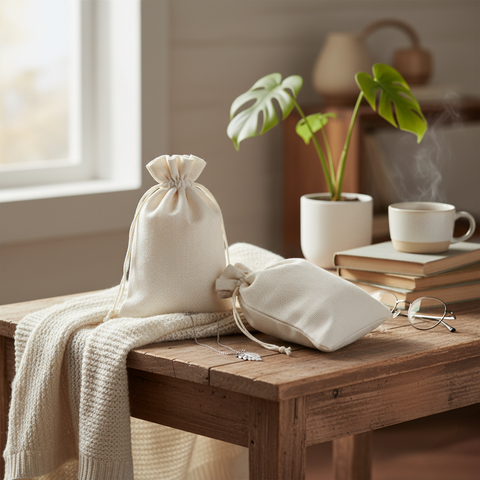 Cream white jute linen drawstring pouches in multiple sizes for gifting and storage