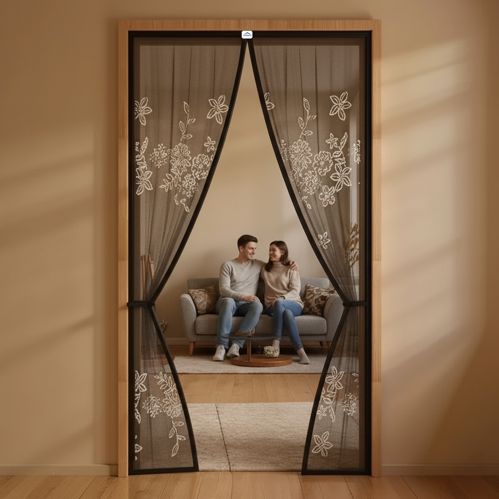Polyester Printed Magnetic Door Mosquito Net – Floral Jacquard Grey Design Door net LifeKrafts