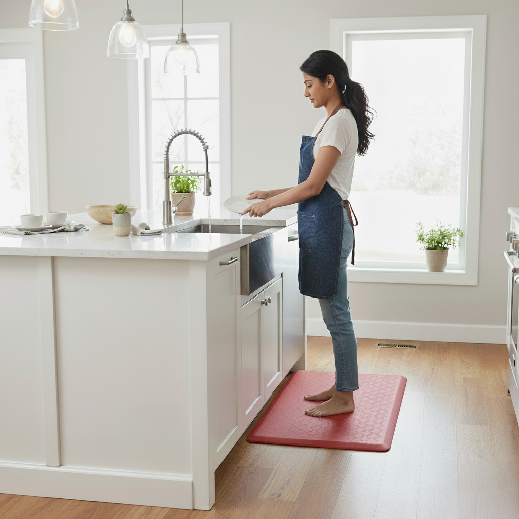 Red anti-fatigue kitchen floor mat for comfortable standing while preparing food at a counter