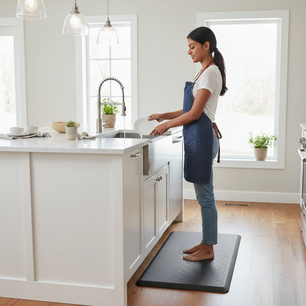 Grey cushioned anti-fatigue kitchen mat for comfortable standing at the counter