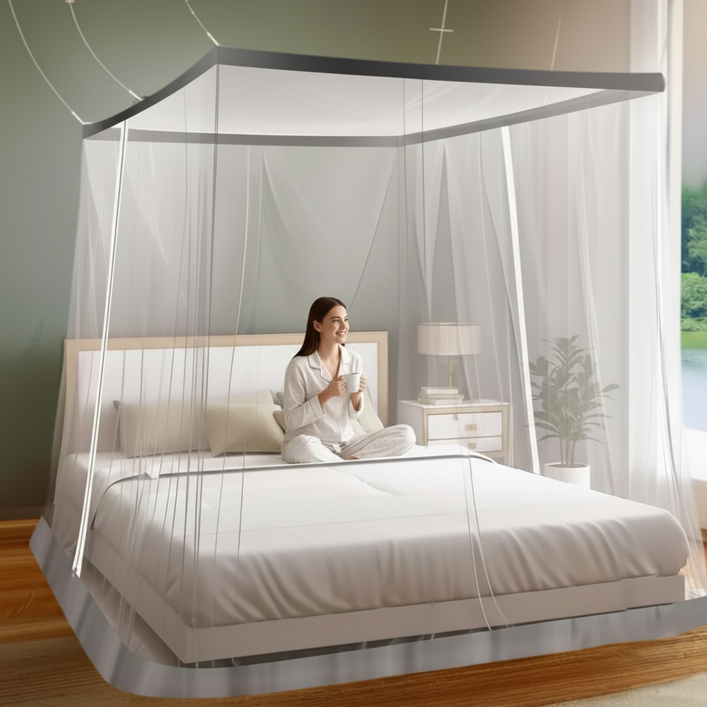 LifeKrafts Bed Mosquito Net – King Size Polyester Machardani (6ft x 6.5ft, White) | Double Zipper Entry | Washable & Durable Net for Peaceful Sleep