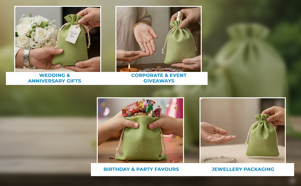 Jute Potli Bags | Adjustable Drawstring Bags | Green | LifeKrafts