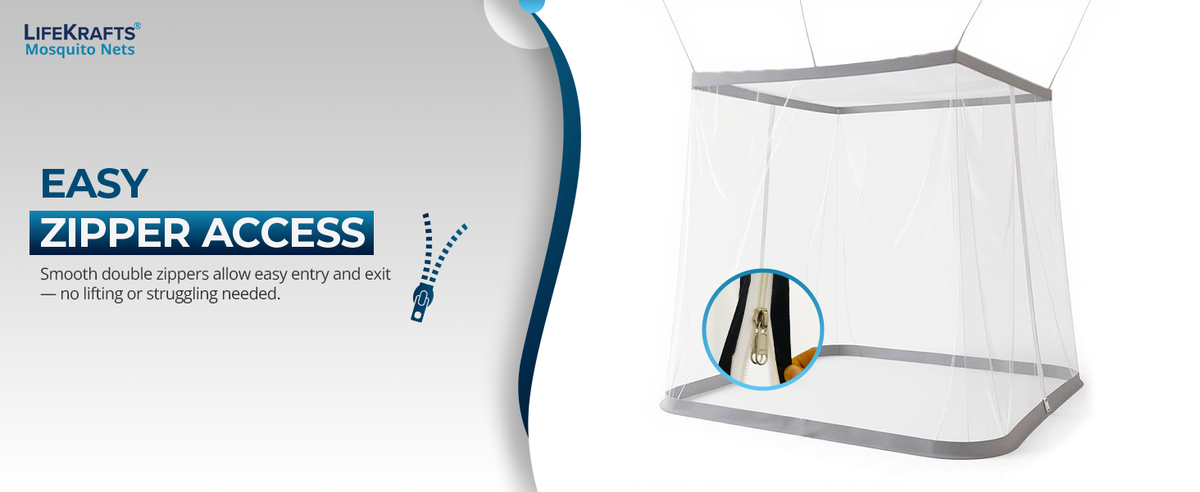 Mosquito Net for Bed - Hanging Bed Net - Polyester - Machardani - Double Zipper Entry - Elegant White with Grey Border