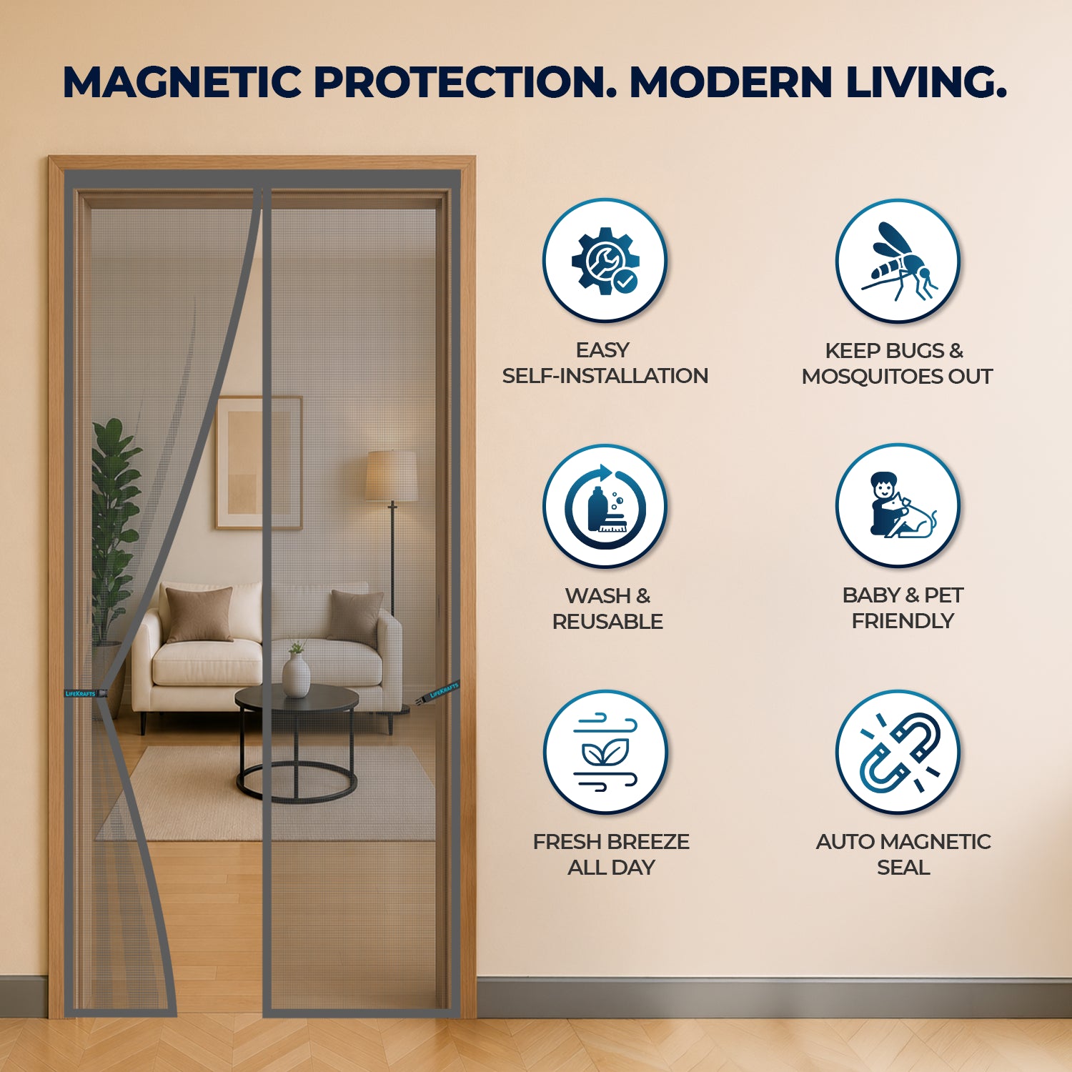 Standard Mosquito Net for Door-Magnetic | Polyester | Grey | LifeKrafts