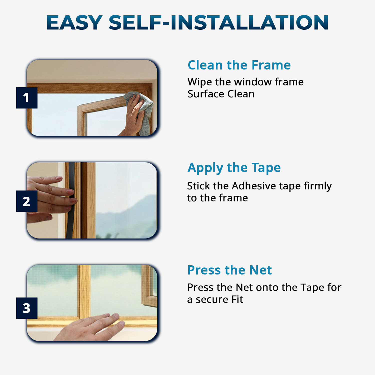 3-step installation guide for LifeKrafts beige window mosquito net – self-adhesive velcro method, ready to use in under 5 minutes, no drilling