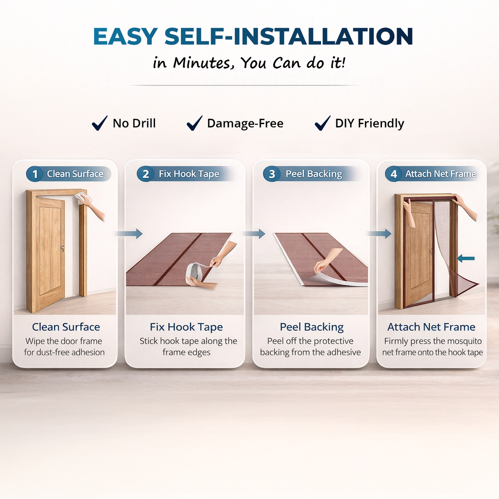 Easy self-installation steps for magnetic mosquito net on a door frame