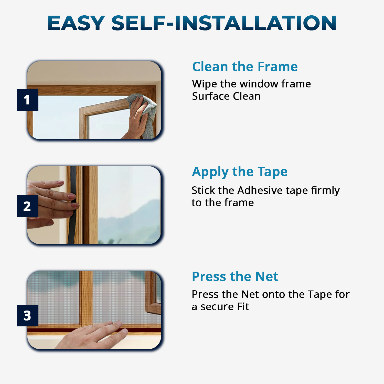 Installation steps for brown fiberglass window mosquito net by LifeKrafts – 3-step DIY process with velcro adhesive, no carpenter or technician needed