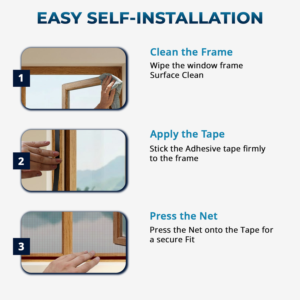Installation steps for brown fiberglass window mosquito net by LifeKrafts – 3-step DIY process with velcro adhesive, no carpenter or technician needed
