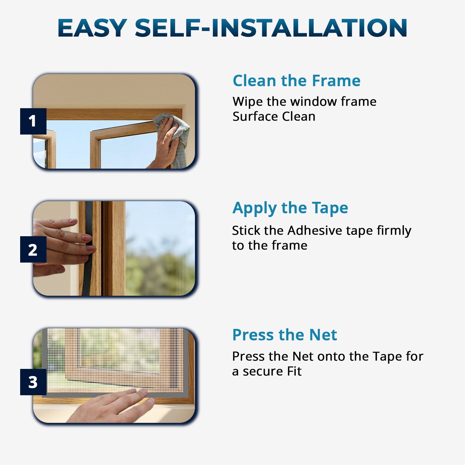 Self-Installation Steps for White Zipper Window Mosquito Net – Peel & Stick Velcro on Frame, Attach LifeKrafts Pre-stitched Net, Use Zipper to Open Window Without Removing Net