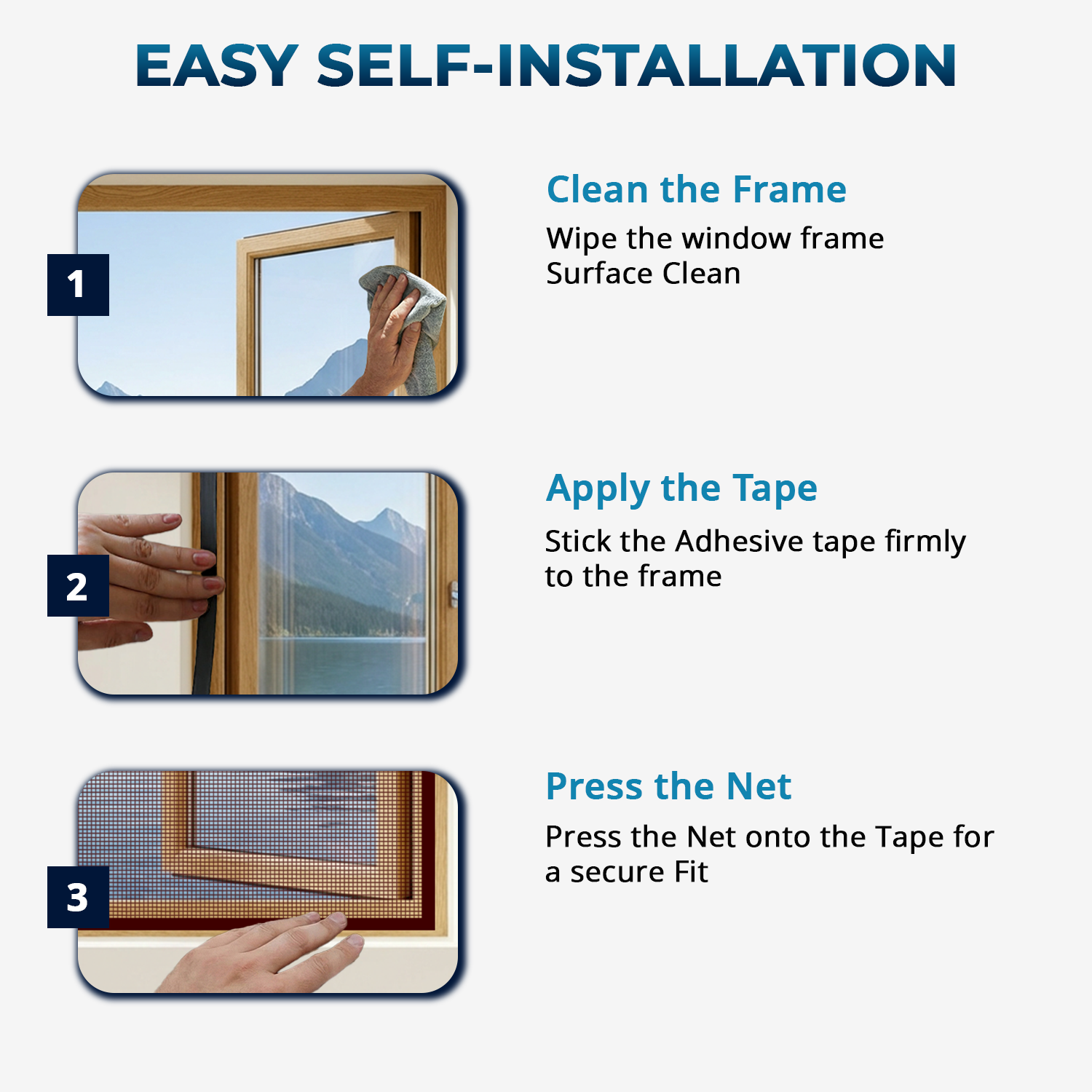 DIY installation steps for fitting a magnetic polyester mosquito net on a window frame