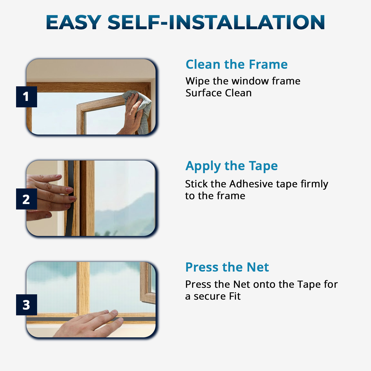 DIY installation steps for fitting pre-stitched fiberglass mosquito net on a window frame