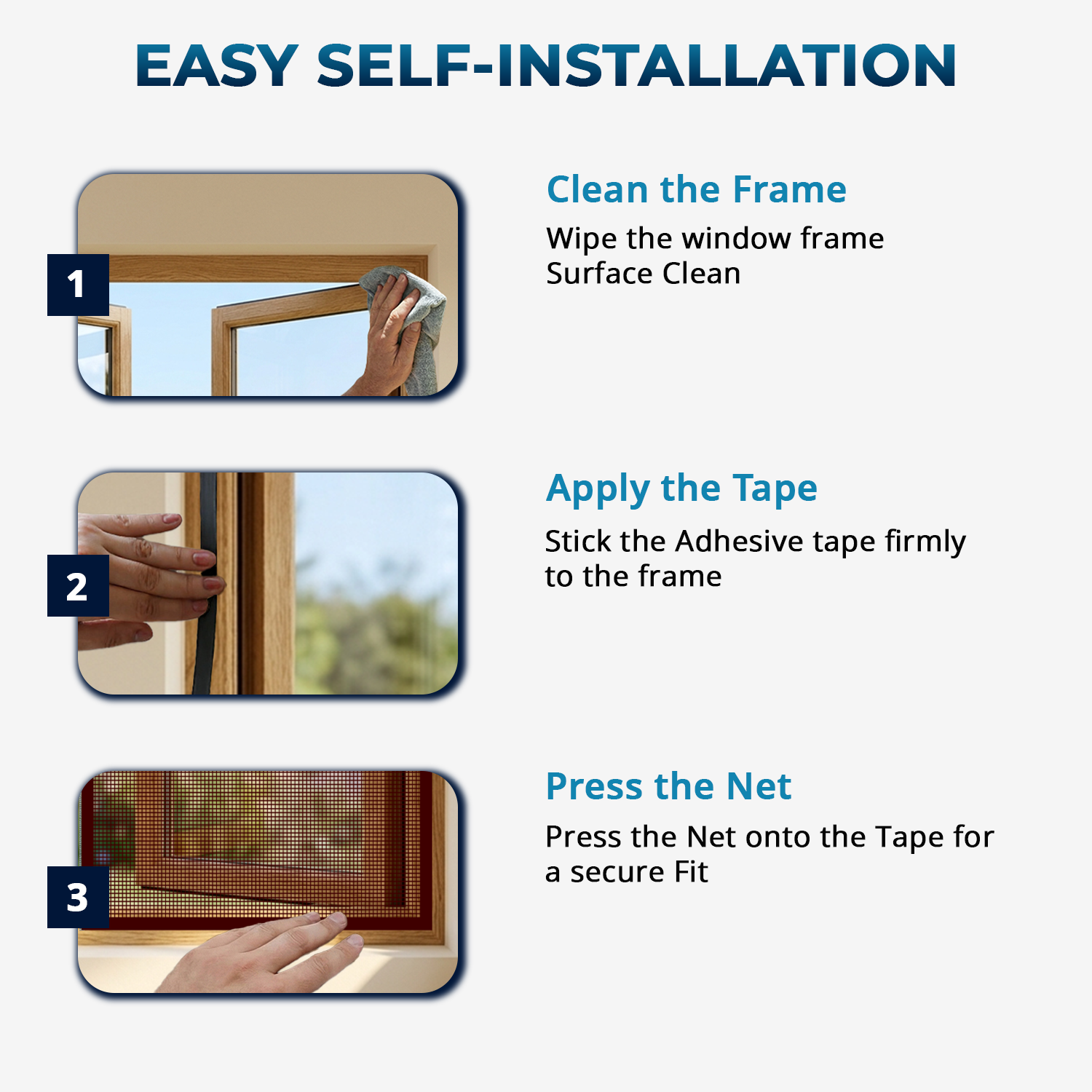 3-Step DIY Installation for Brown Zipper Window Mosquito Net – No Tools Needed, Stick Velcro Tape on Frame, Attach Pre-stitched Net in Minutes