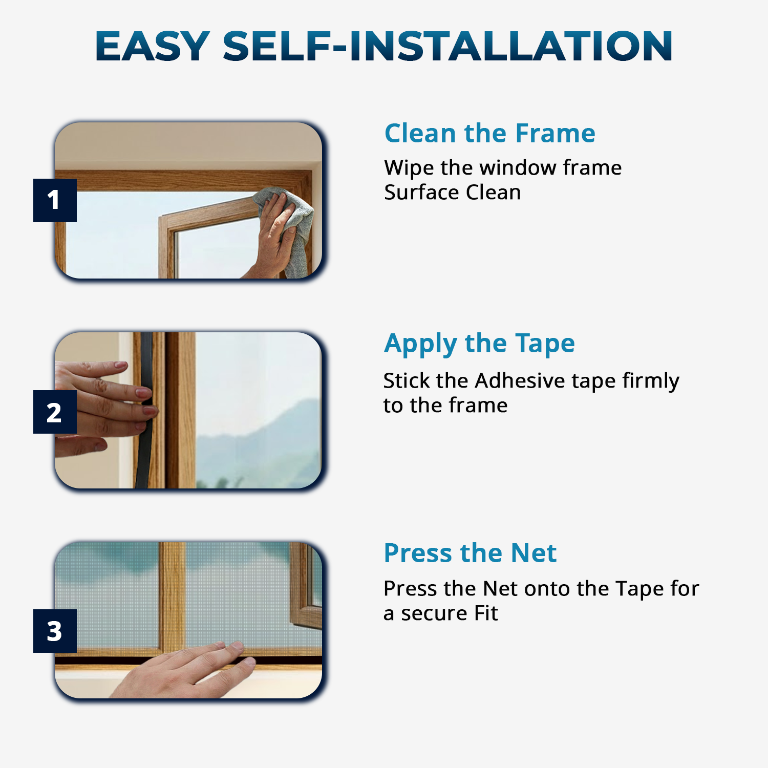 DIY installation steps for fitting pre-stitched fiberglass mosquito net on a window frame