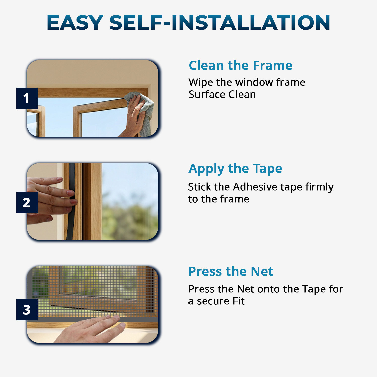 DIY Window Mosquito Net Installation Steps – LifeKrafts Grey Zipper Net, Apply Adhesive Velcro on Window Frame, Attach Net, Open Zipper to Access Window Anytime