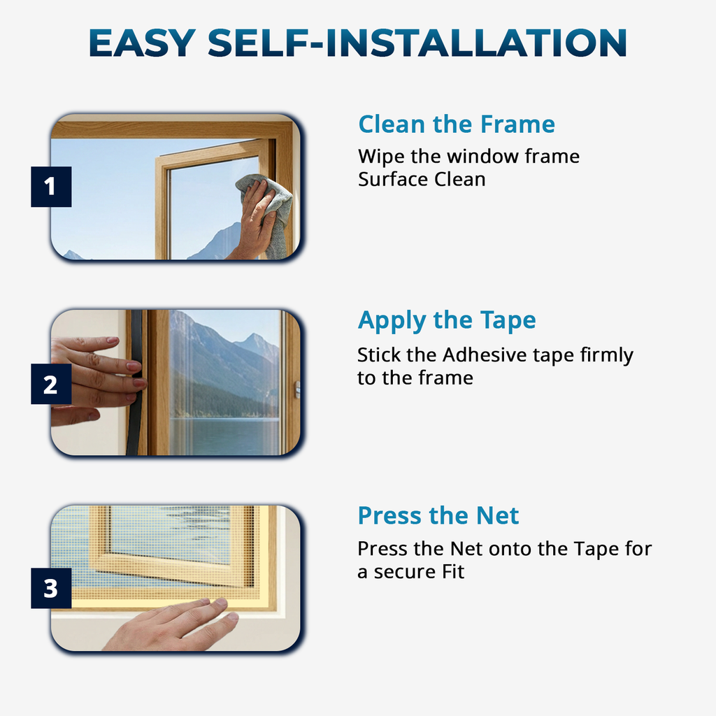 DIY installation steps for fitting a beige magnetic polyester mosquito net on a window frame