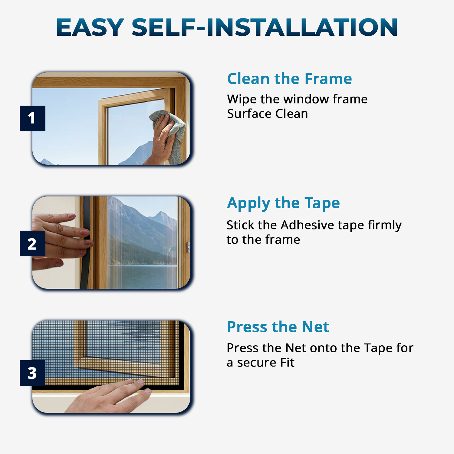 DIY installation steps for fitting a black magnetic polyester mosquito net on a window frame
